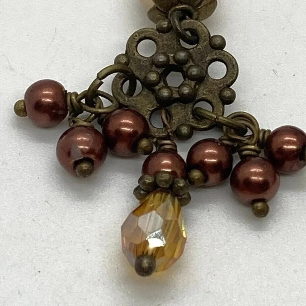 Vintage Style Dangle Earrings Pearl Bronze Brown Amber Leverback Fashion Jewelry